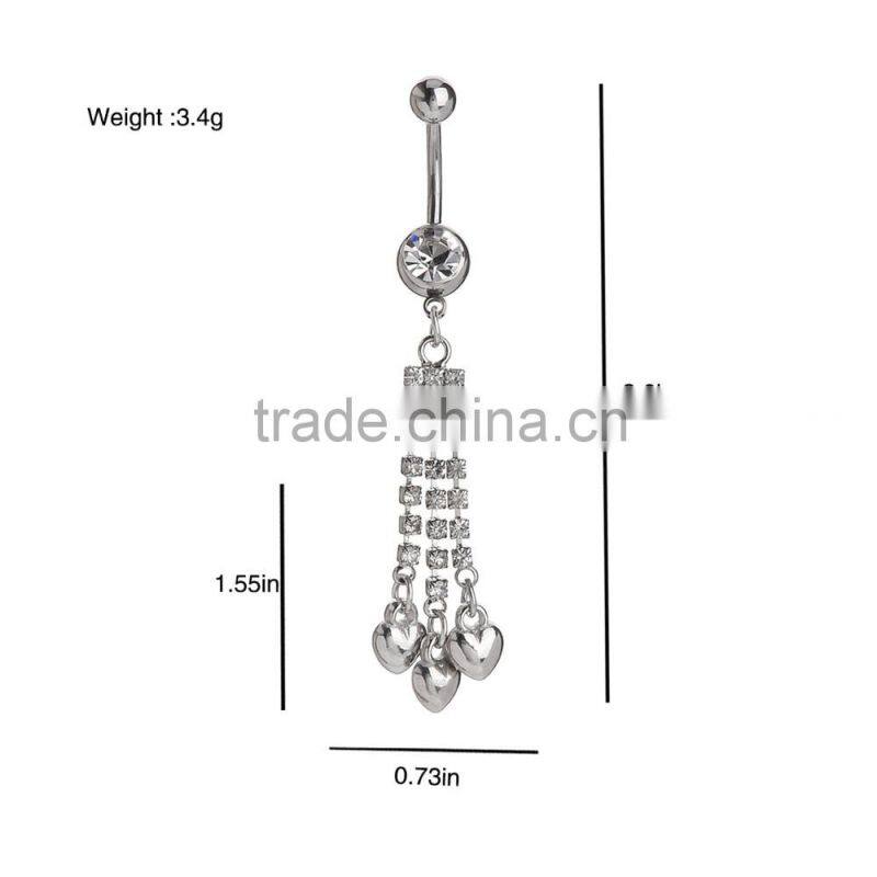 Multi Clear Gems Chains With Iron Heart Drop Dwon Charms Dangle Belly Button Naval Ring.