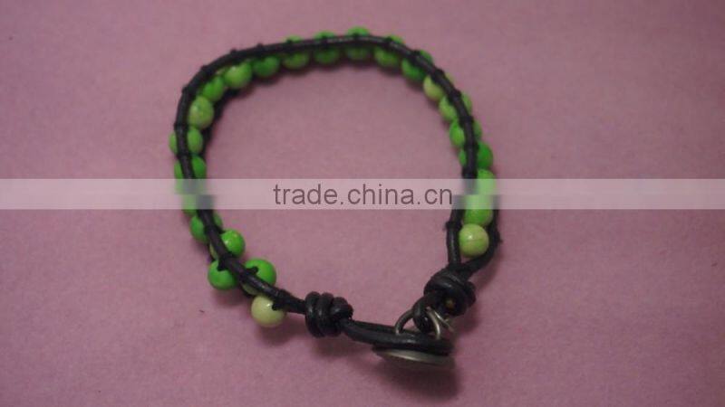 Artifical Emerald Bead Bracelet with Leather Cord and Metal Charm Superlight