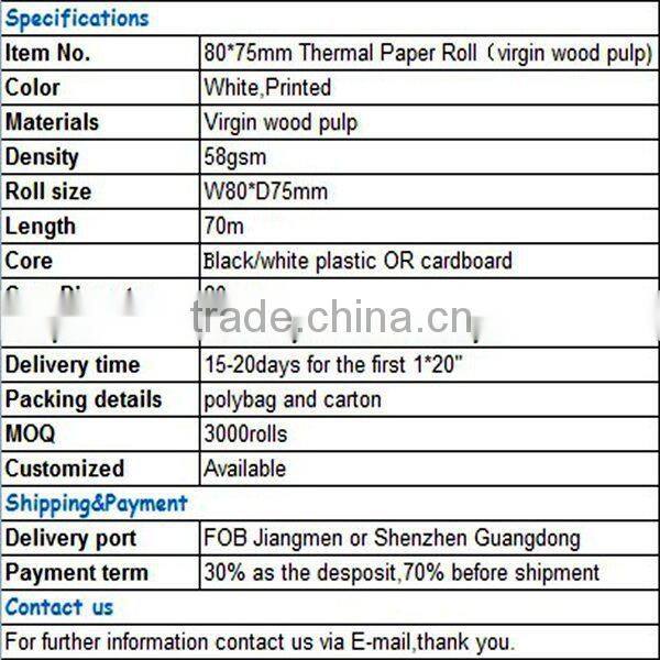 80x75mm virgin Thermal jumbo roll