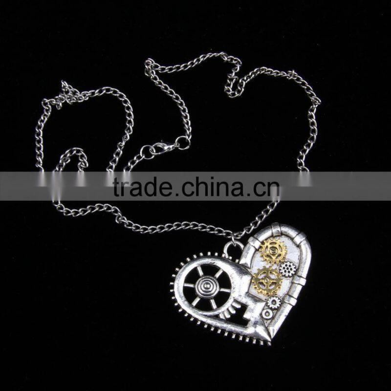 2015 yiwu fashion imitation jewelry hot sale steampunk necklace gear steam heart pendant cameo statement necklace