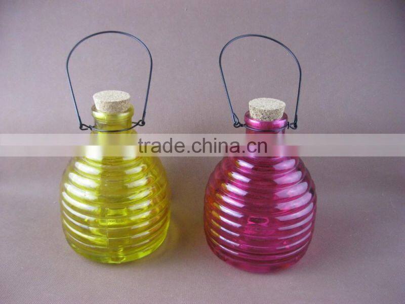 3 size hanging glass bee catcher with cork stopper, colored glass wasp trap