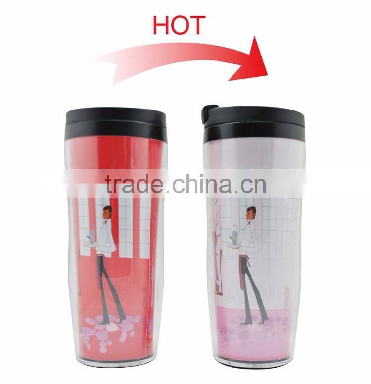 BPA free reusable double wall plastic mug hot color changing