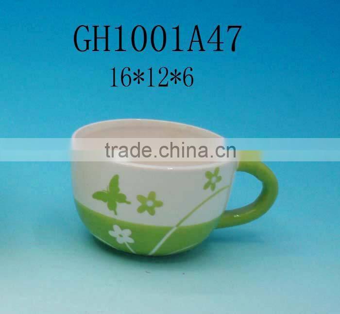 Cup shape ceramic planter pot with decal