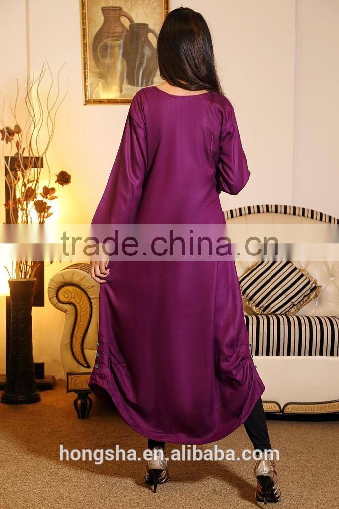 Pakistani Purple Kurti With Front Neck Diamante Buttons Designs HSd7078