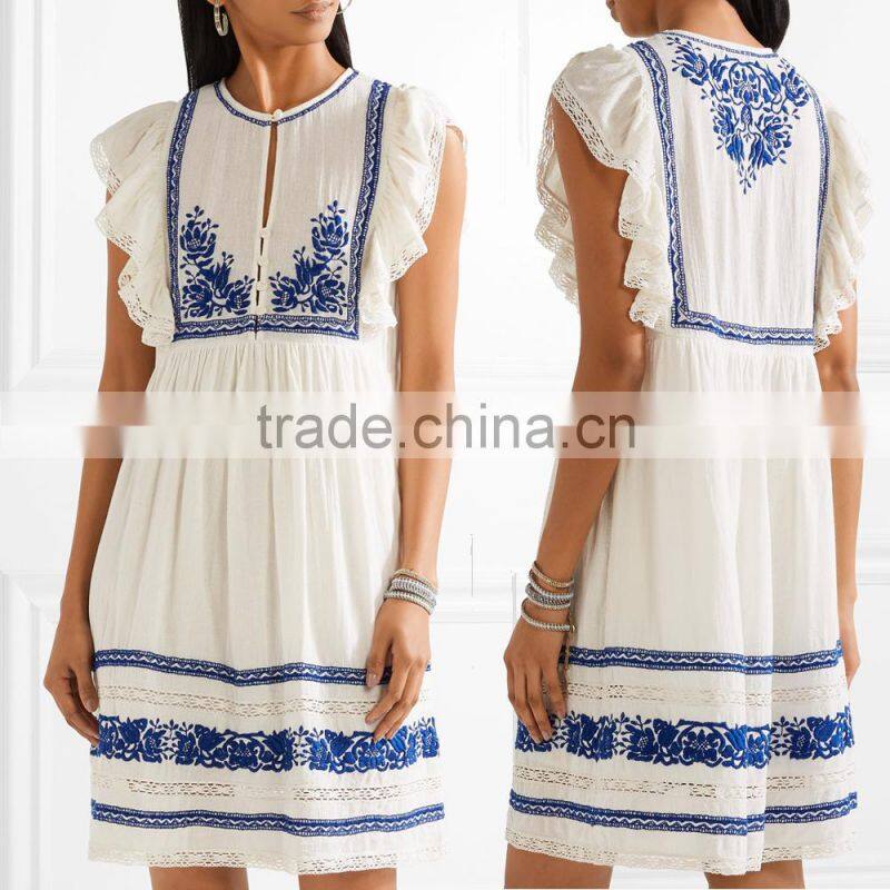 Boho crochet-trimmed computerized machine embroidery cotton-gauze mini dress western dresses names HSd5260