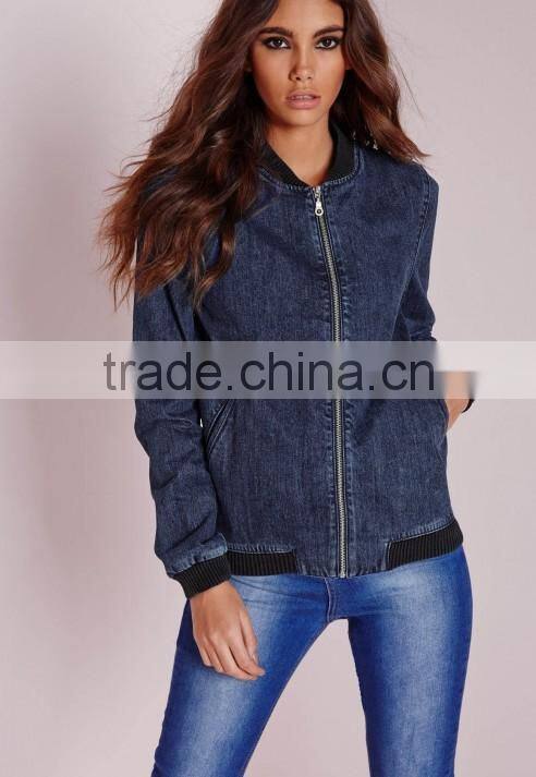 fashion zip women acid wash denim winter quilted bomber jacket