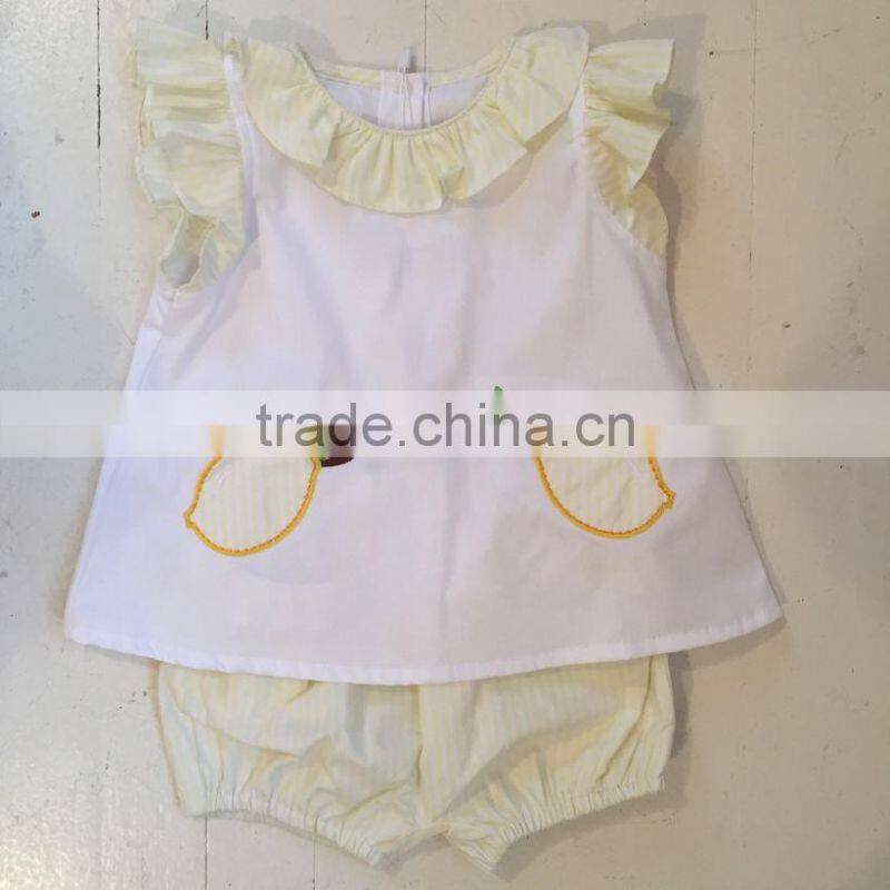 New design wholesale kids clothing high quality baby lemon embroider clothes suit for baby girls clothes set