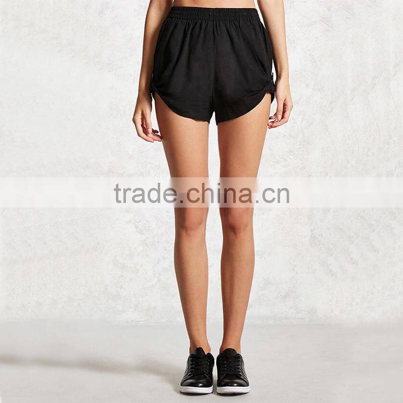 Wholesale hot sale women roll-tab elasticized waist linen sport gym shorts