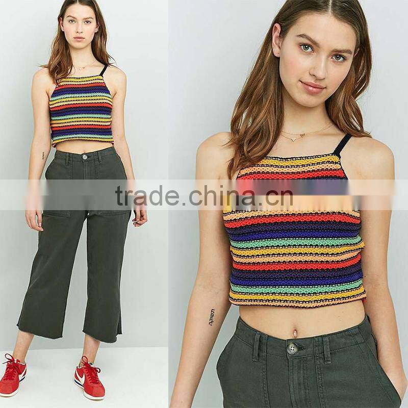 Distinctive off-the-shoulder spaghetti straps rainbow midriff cropped cami tank