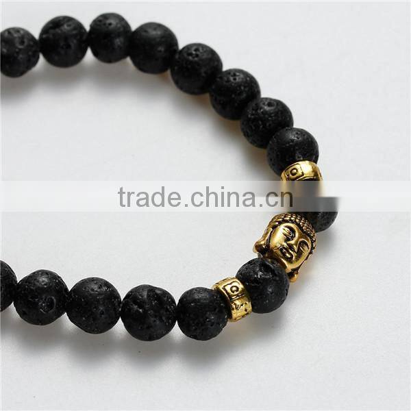New Fashion Stone Lava Beaded Healing Bracelet Black Gold Tone Antique Gold Buddha Statue Head Elastic 22.5cm long