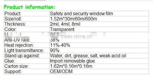 Professional manufacturer 6mil transparent glass window safety film for bank school