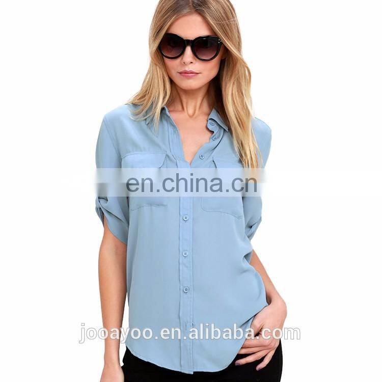 2017 New Summer Ladies Button Up Half Sleeve Cotton Blouse Women Latest Fashion Blouse Design