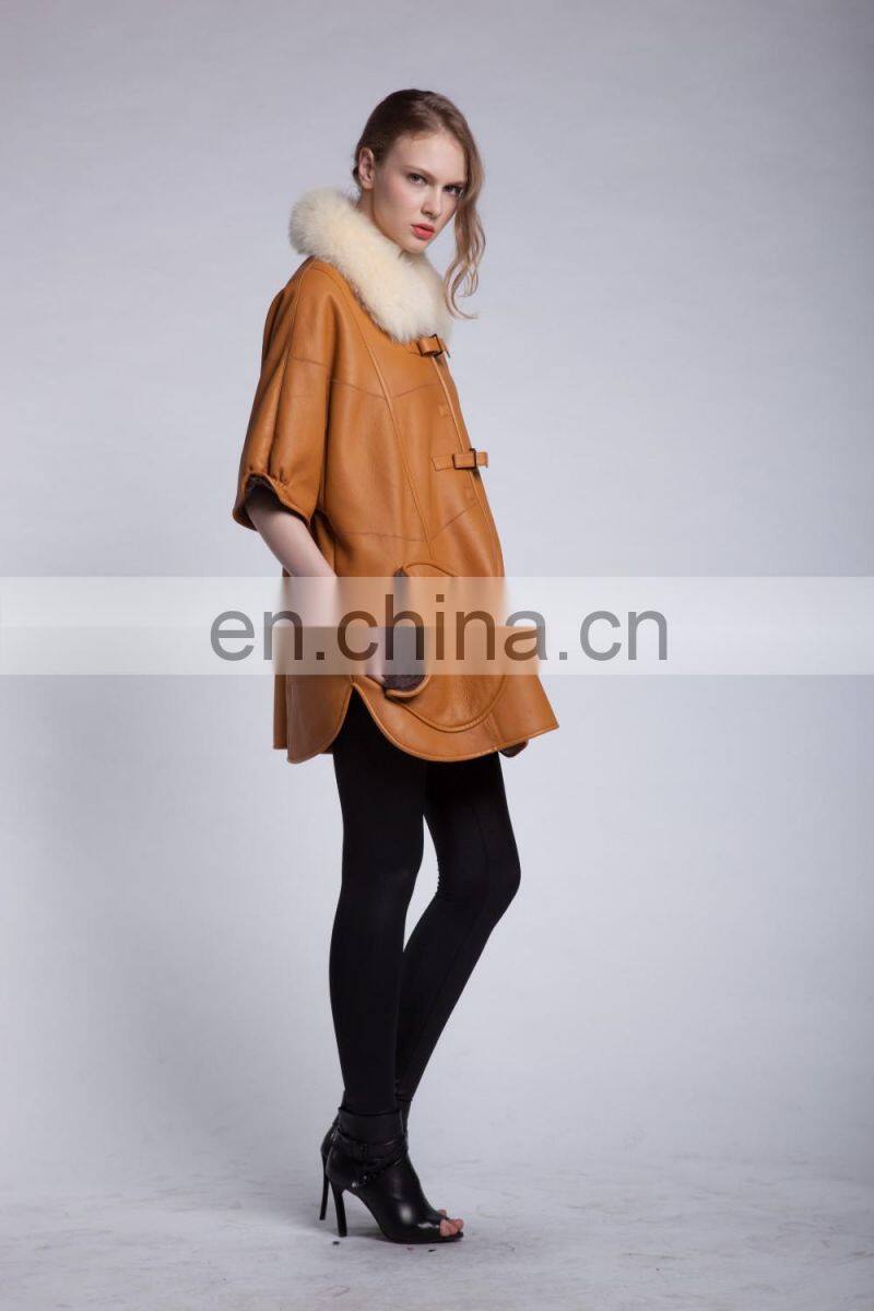 Winter Fur And Leather Overcoat Fox Fur Collar Sheepskin Fur Coat Cream Collar Lamb Fur Jacket