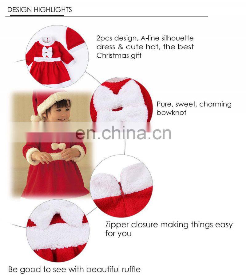 Newest Baby Girl Child Charming Christmas Skirt Gift Bowknot Ruffle Round Collar Long Sleeve Dress + 1 * Santa Claus Hat