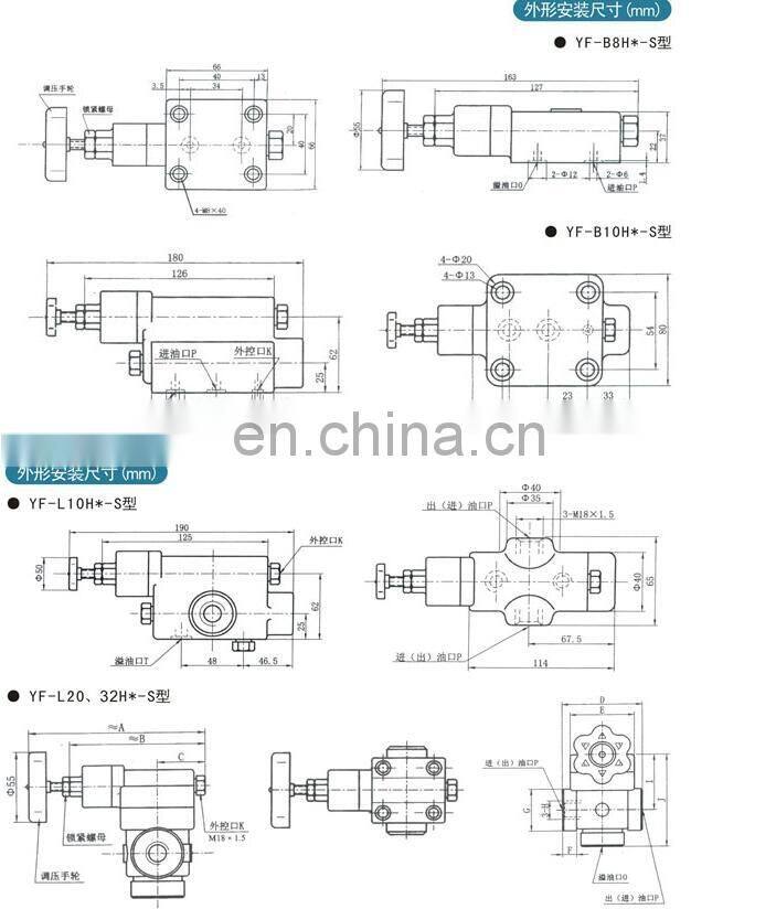 YF series of YF-B8,YF-B10,YF-B20,YF-B32,YF-L8,YF-L10,YF-L32,YF-F32,YF-F50,Y-Ha6B,Y2-Ha10B,hydraulic pilot pressure relief valve