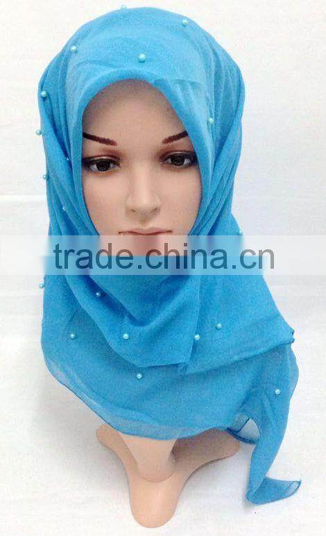 SJ007 New voile pearl 110*110cm muslim square scarf