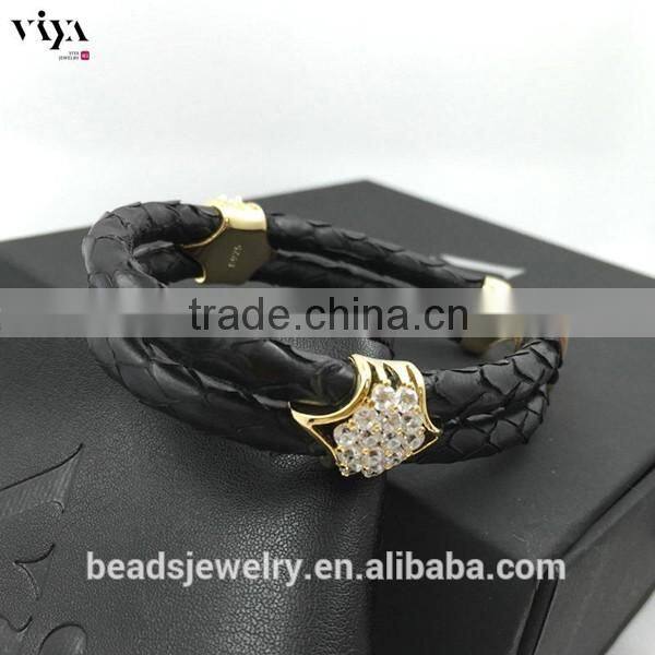 2016 Wholesale Luxury Stingray/ Python Leather Crystal Bracelet With Silver Cuff Jewelry