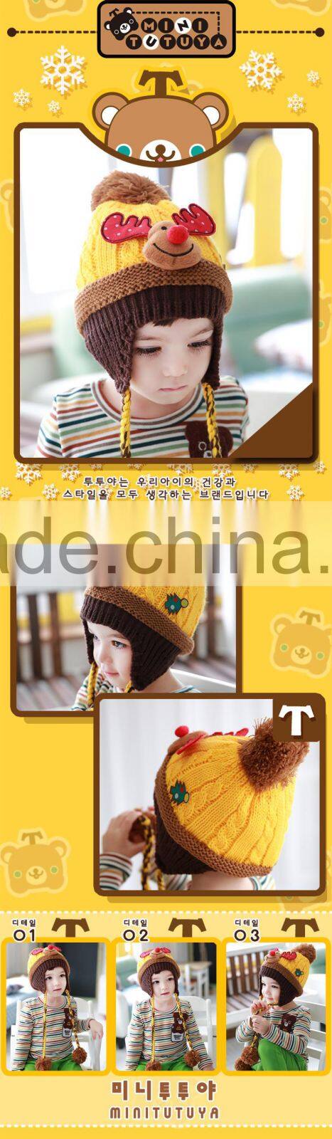 Newest Christmas Tree and Deer Head Applique Pigtail Pom Pom Baby Kids Knitting Winter Caps and Hats