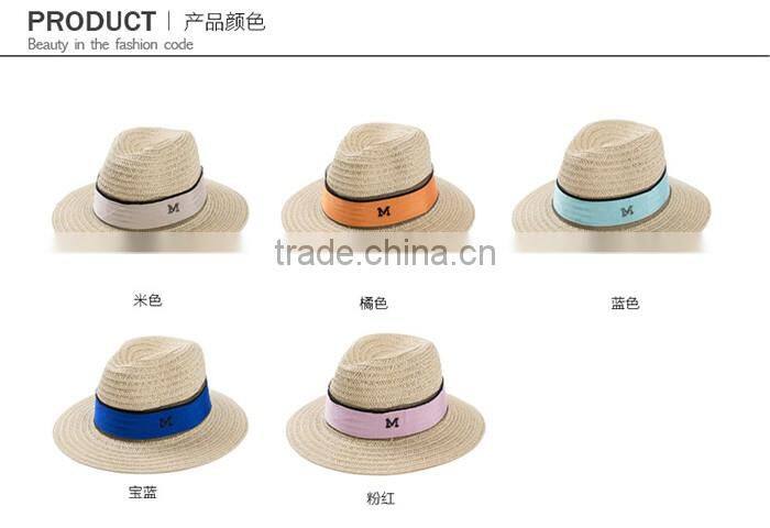 Ladies promotional alphabet M caps with ribbon straw panama hat cheap