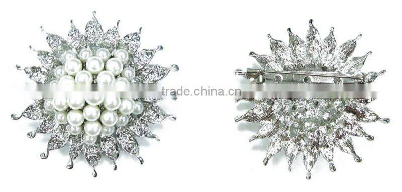 6MM Pearl Silver Metal Rhodium Sun Flower Pin Rhinestone Brooches