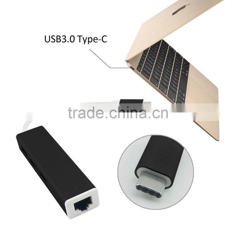 USB-C 3.1 Type-C to 3 port USB 2.0 Hub with /100/1000M RJ45 LAN Adapter for Windows