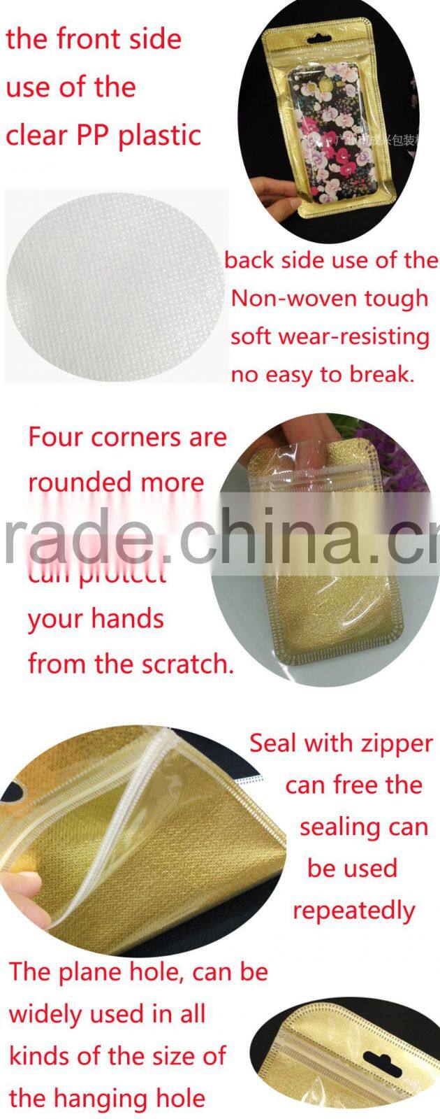 hanging packaging bag/nylon zipper pouch/golden silver color packing sleeve for mobile phone cover