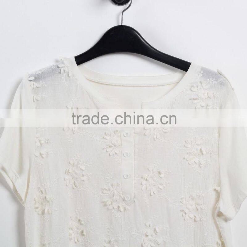 OEM softextile white top shirt girl woman short sleeves emibroidery flower fashion plain shirt