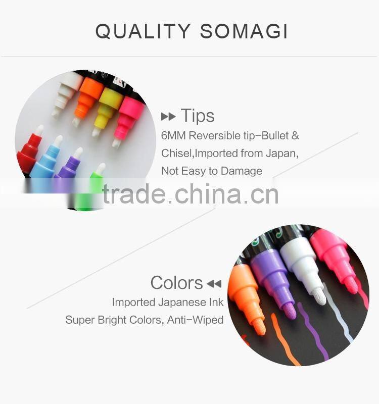 8 Pack Fluorescent colors pen ink Anti-wipe Marker with Reversible 6mm Tip for Glass, Window & LED Art Menu Writing Board