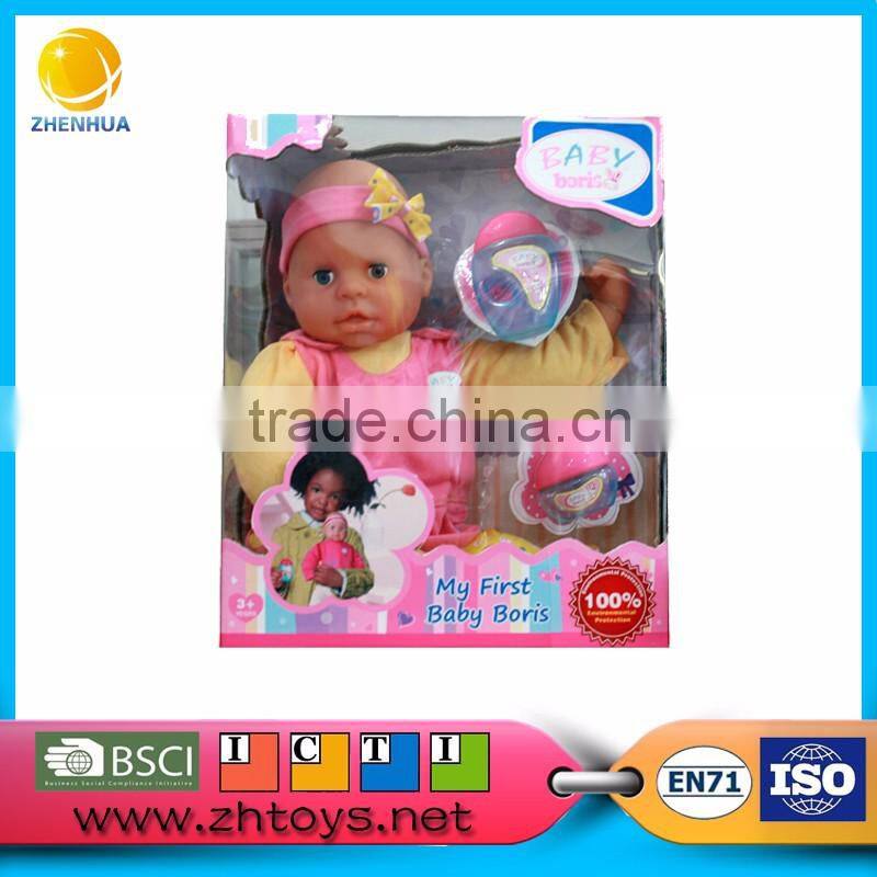 3-4 inch music baby toy with curly hair wear baby clothes and nipple