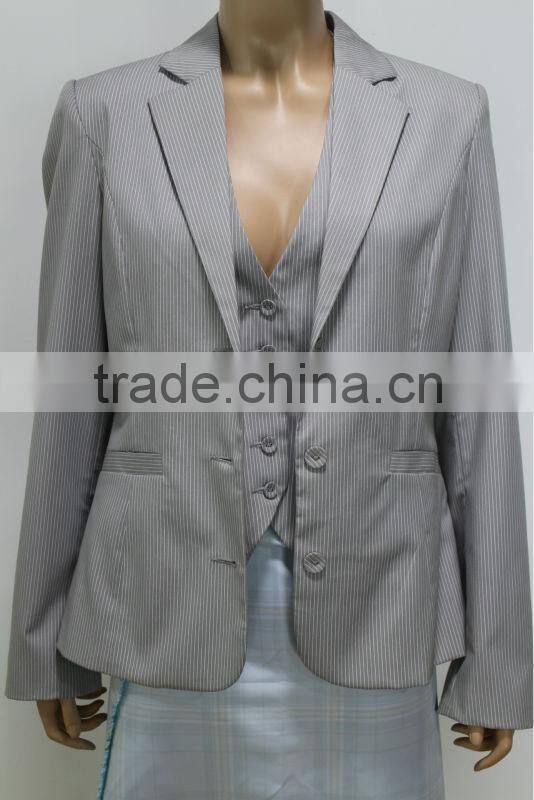 2014 Spring Jacket Women Garment Long-Sleeve Turn-Down Collar Striped Light Grey Formal Jacket And Vest 2 Piece Set