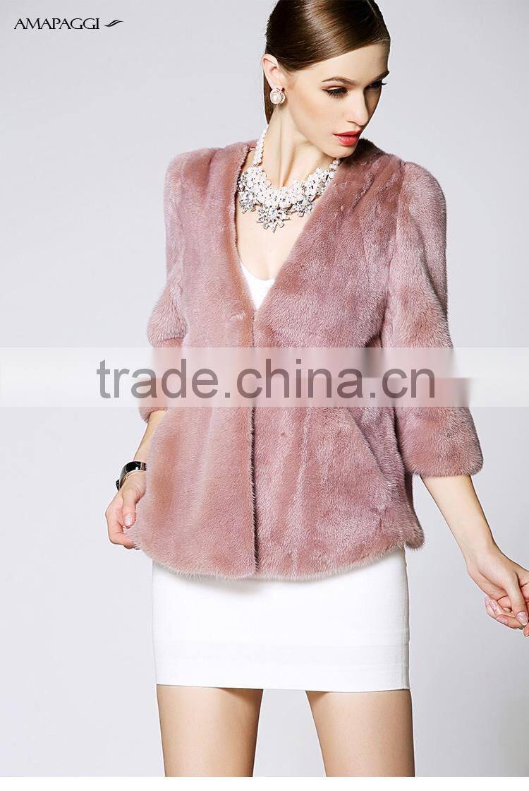 Global sale fuchsia mink warm fur coat V collar mink coat In China