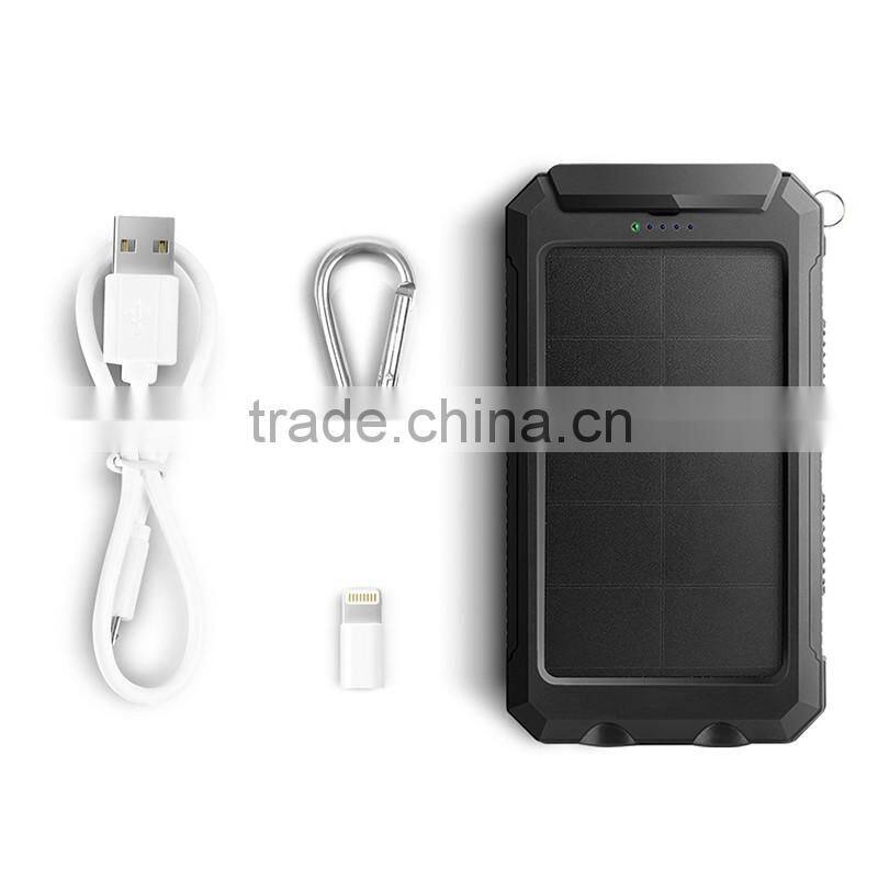 2016 New IP68 waterproof solar power bank charger 10000mah with dual led lamp and compass