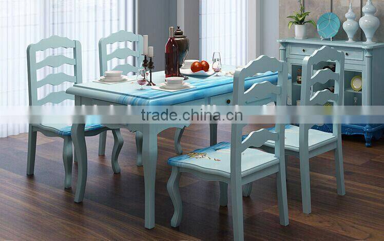 Mediterranean Style Dining Set, Sailing Boat Handpainting Dining Table with 4 Chairs, Wooden Dining Room Furniture (BF01-X1154)