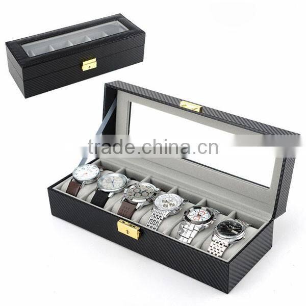 High-grade carbon fiber watch box 6 slots, transparent window display watches box