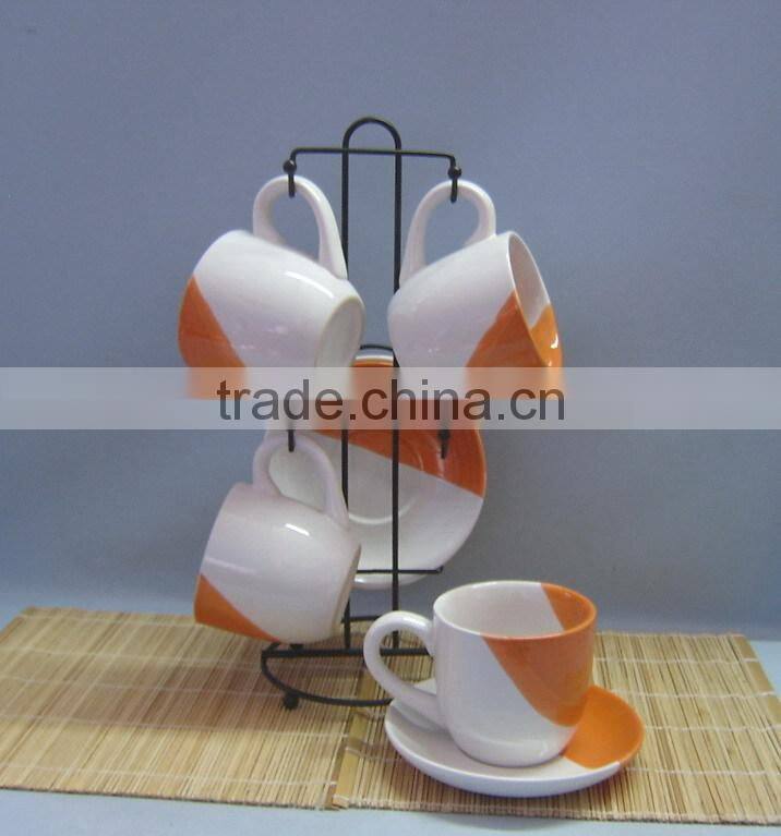 Set of 4 double colors ceramic custom mug and saucer with rack