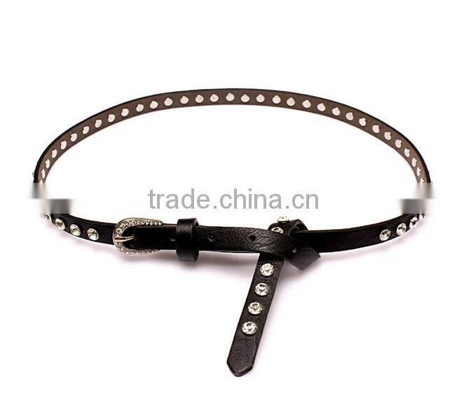 Fashion rhinestone decorated pin buckle sex girl black thin PU waist belt
