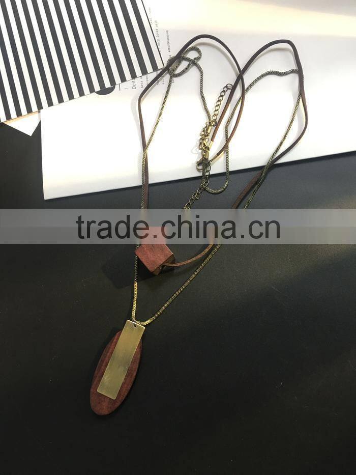 multi strand geometric wood bead pendant necklace long wooden beads sweater necklace layered suede leather chain necklace