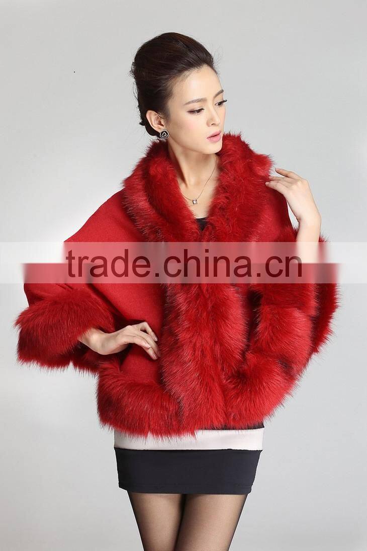 2015 winter fashion knitting with faux fox fur shawl woman cape