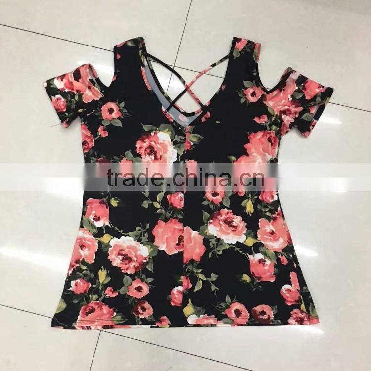 women low price sexy cold shoulder floral print tight t-shirt