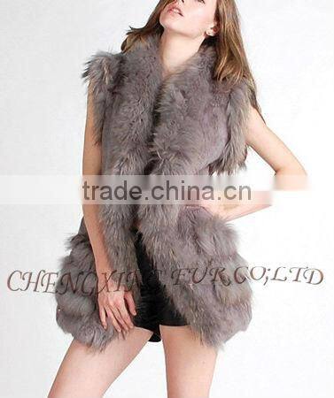 CX-G-B-203 Long Genuine Ladies Rabbit Fur Vest With Racoon Fur Trim ~ Casual Wear