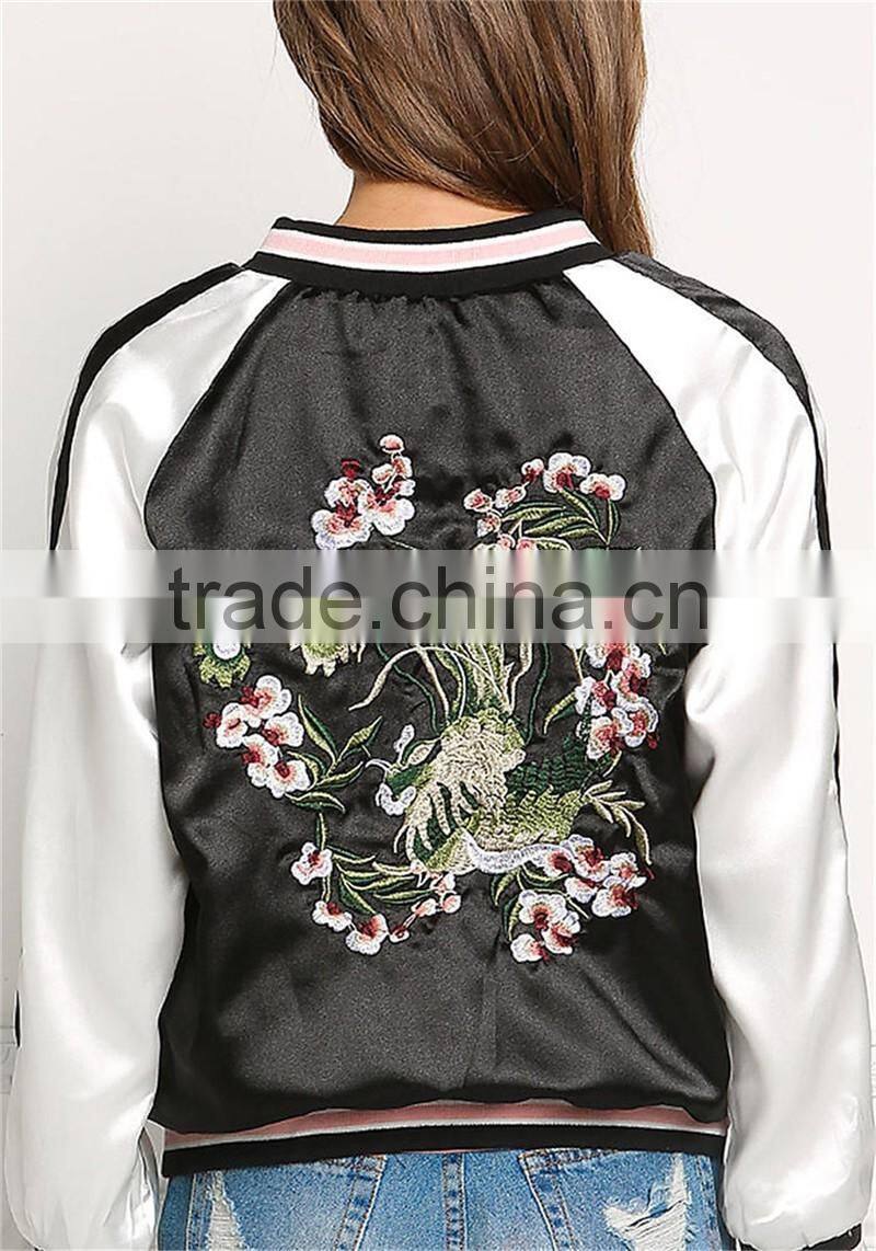 MGOO 2017 Produced Reversible Satin Jackets Custom Embroidery Back Bomber Jackets Raglan Sleeves Pink