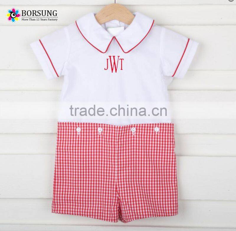 Kids boutique clothing cotton short sleeve doll neck embroidery with red pleated shorts set for baby boy clothes