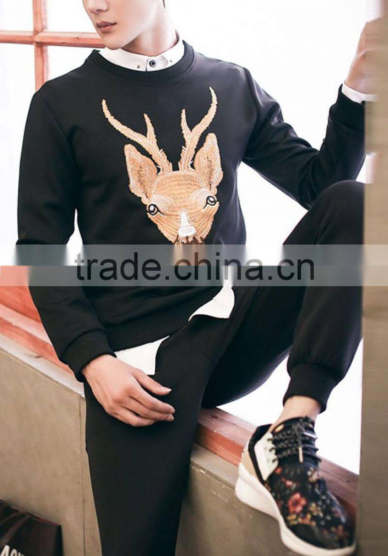 Fashion deer embroidery black designer tshirt with long sleeves sweatshirt