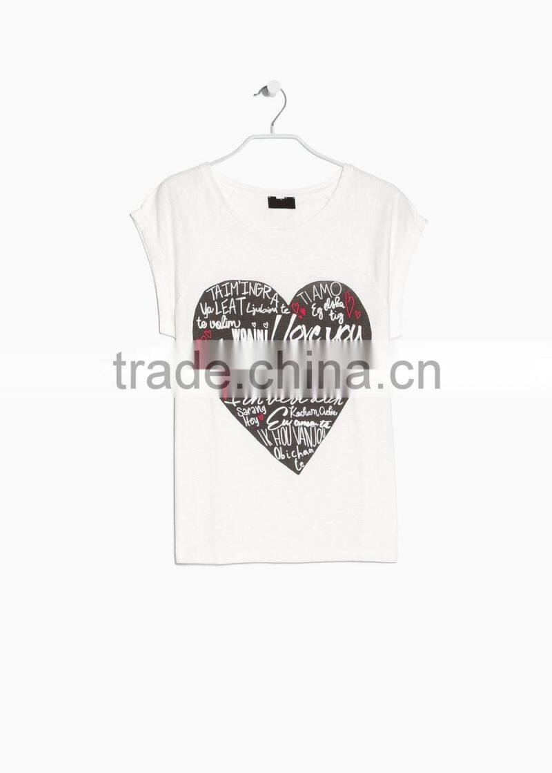 Sweet Teen Girls Heart Print Rolled-up Sleeves White Korean Fashion Cotton T Shirt