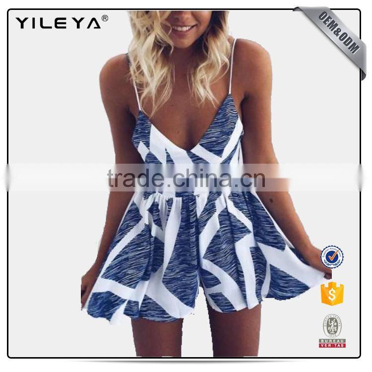 Fashion Design Pinstripe Spaghetti Strap V Neck jumpsuit Button Front Tie Waist Short Romper