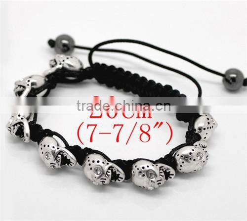 Clear Rhinestone Halloween Skull Beads & Hematite Beads & Black Braiding Adjustable Bracelet 20cm-25cm