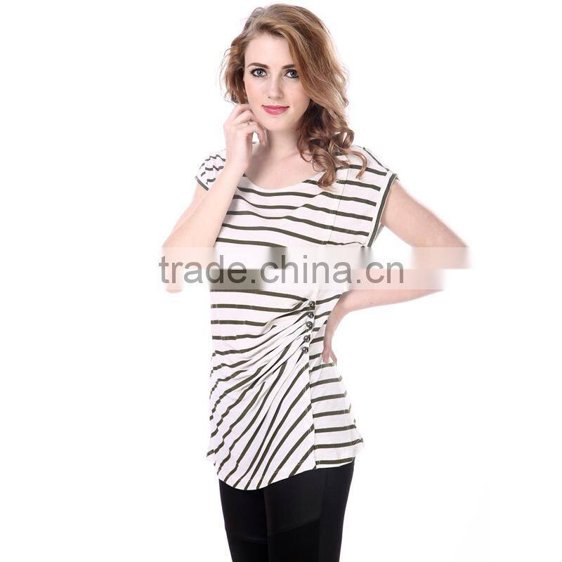 women's stripe pleated button t-shirt