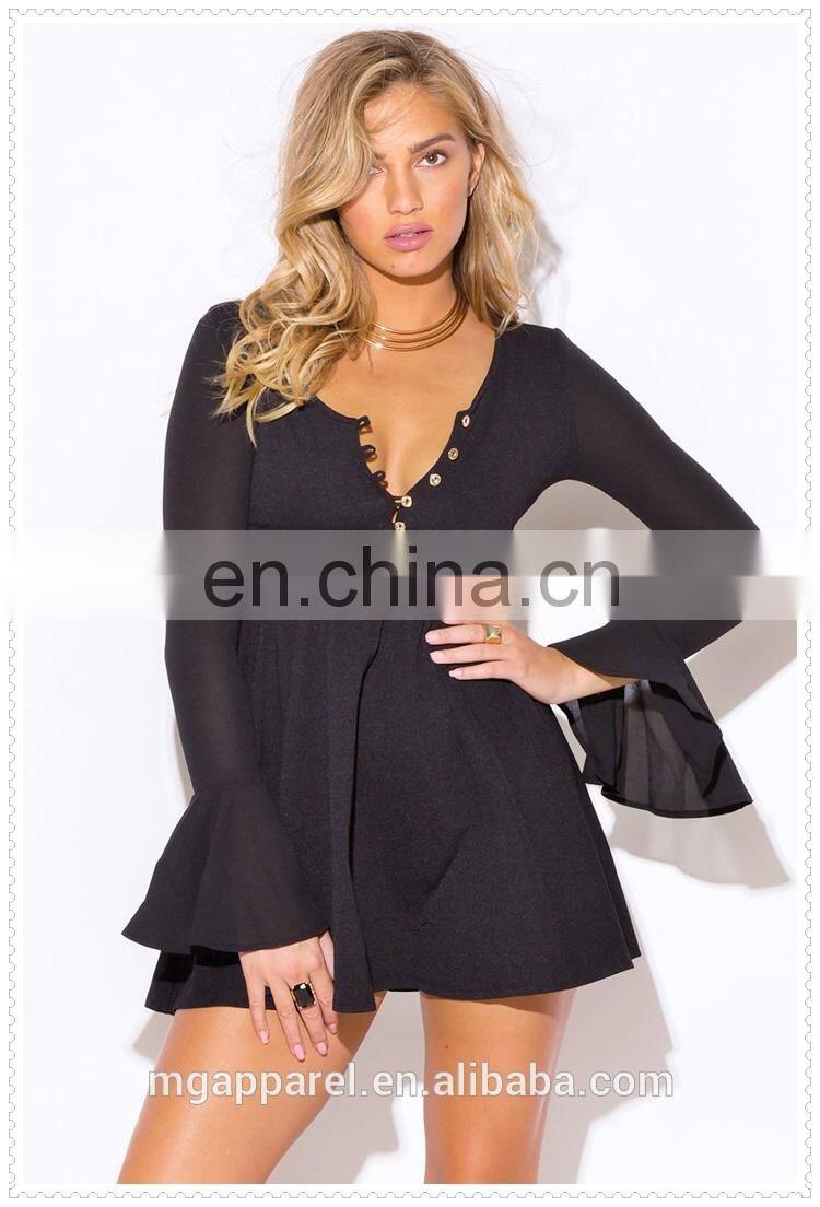 Black ruffle V neck party dress with long bell sleeve