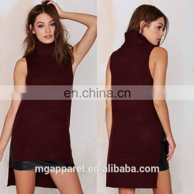 Sexy Burgundy Side Slits Asymmetric Turtleneck Sweater Sleeveless Sweater OEM