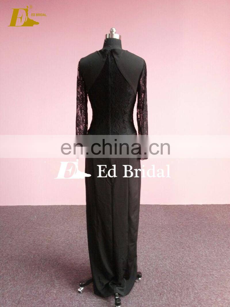 Simple See Through Side Full Length Lace Patterns Lady Evening Dress Long Sleeve